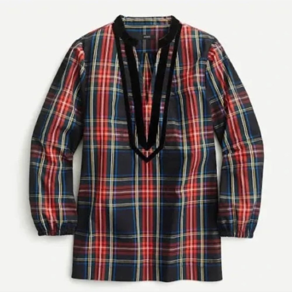 J. Crew Velvet-Trimmed V-neck Long Sleeve Tunic in Black Stewart Tartan Plaid